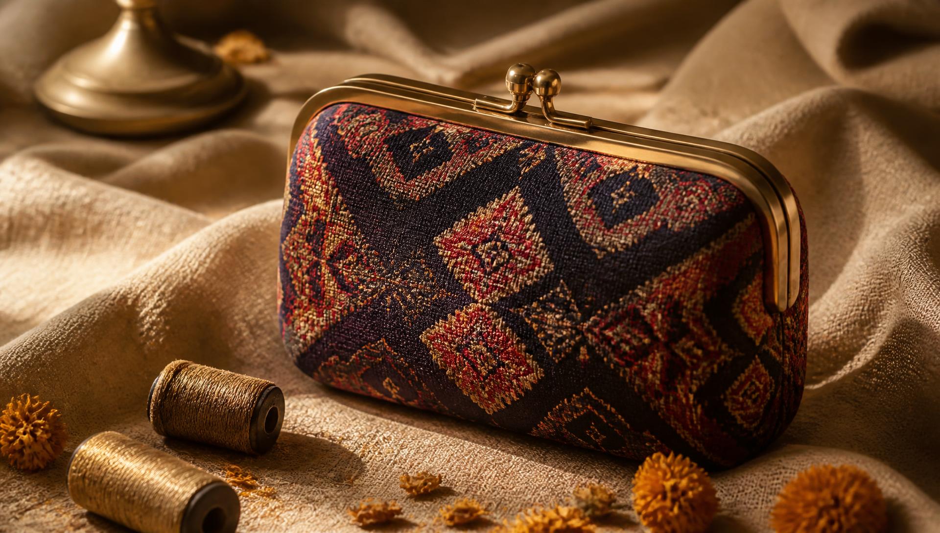 Navy Patola ikat box clutch with a curved brass frame on warm linen